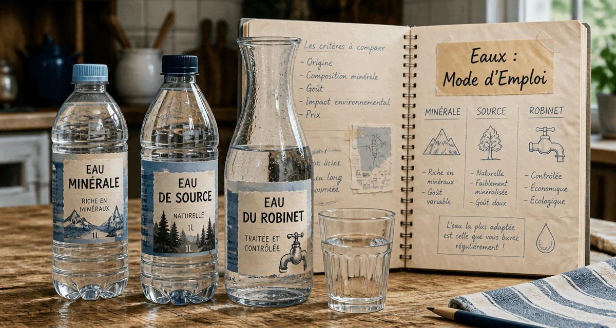 eau minerale ou eau de source sur table, comparaison visuelle