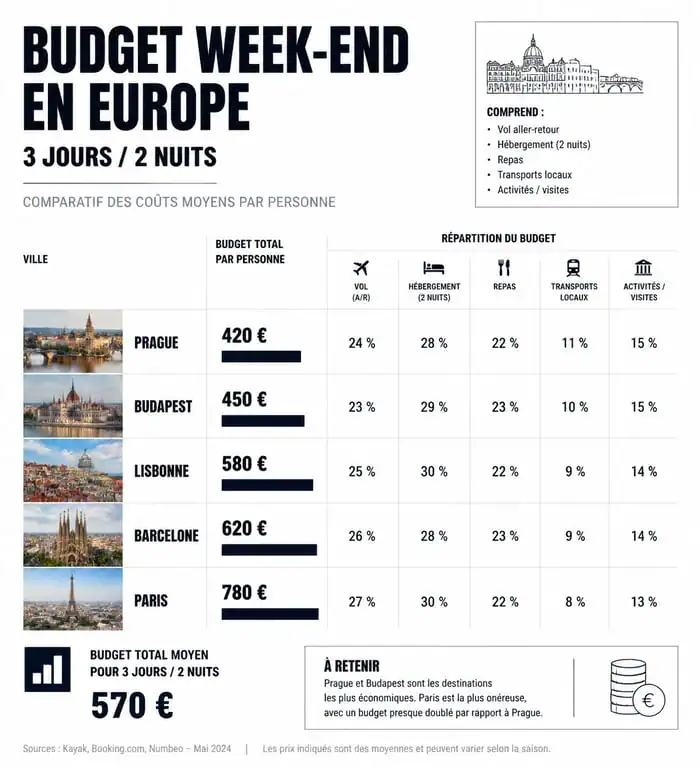 Infographie comparative des budgets pour un week-end dans une ville d'Europe