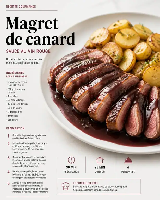 Magret de canard au vin de Bordeaux servi dans une assiette élégante