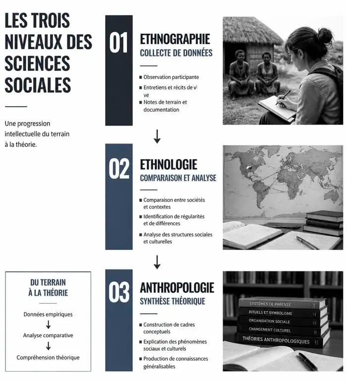 Schéma illustrant les différences entre ethnographie, ethnologie et anthropologie dans une approche ethnographique