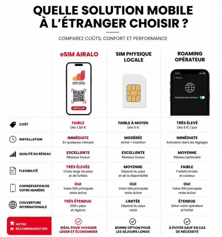 Comparatif des solutions de connectivité pour voyageurs : eSIM Airalo vs SIM physique vs Roaming.