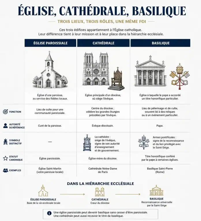 Infographie comparative : différence entre église, cathédrale et basilique