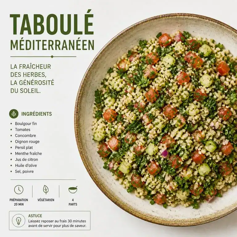 Recette taboulé méditerranéen authentique avec herbes fraîches et légumes croquants dans une assiette en céramique
