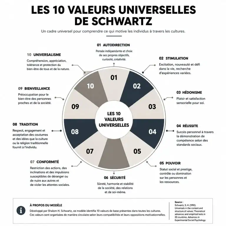 Infographie des 10 valeurs humaines universelles selon le modèle de Schwartz