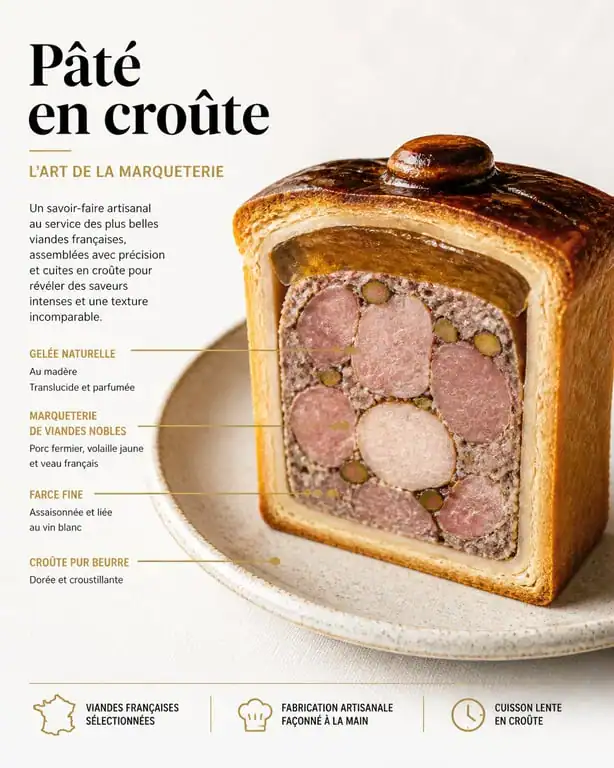 Tranche de pâté en croûte artisanal avec marqueterie de viandes et gelée