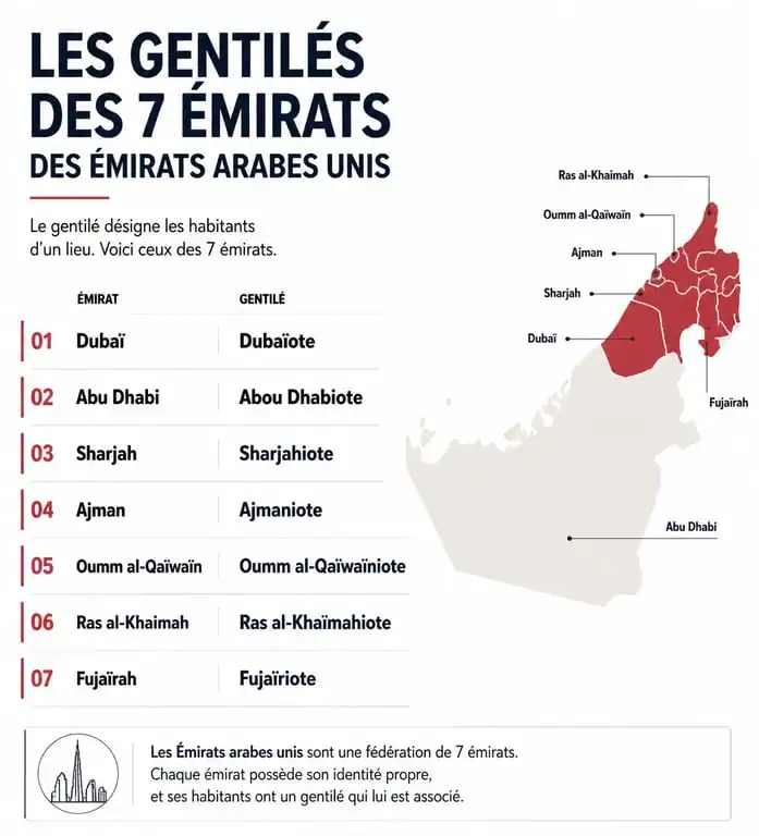 Tableau récapitulatif des gentilés des sept émirats des Émirats arabes unis
