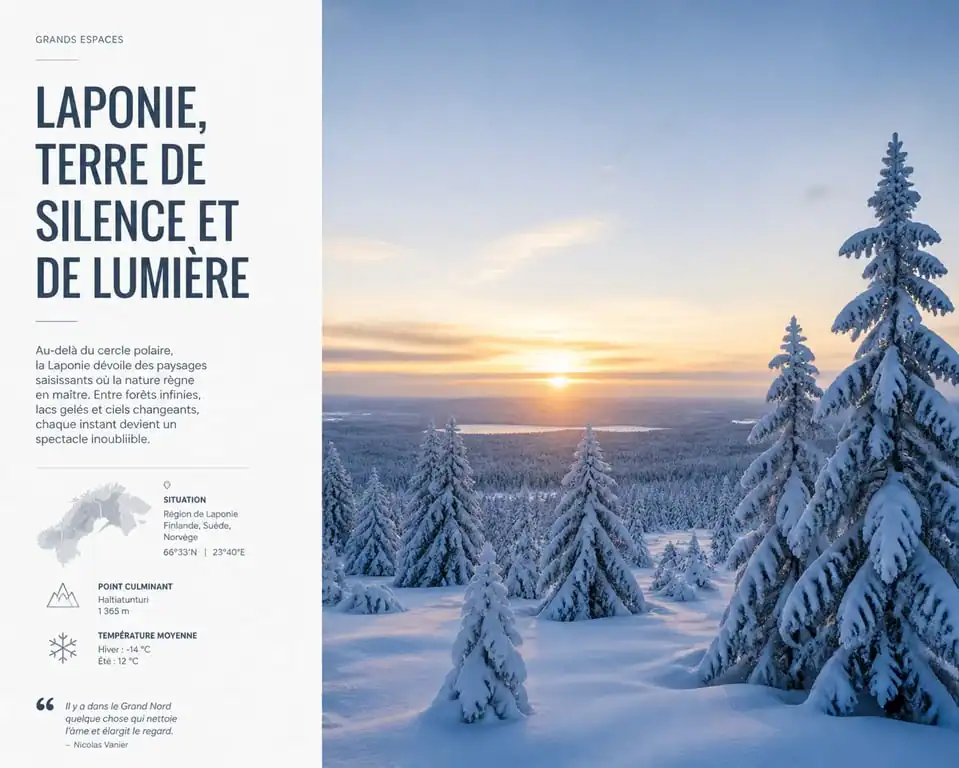 Paysages enneigés en Laponie, forêt de sapins sous la neige