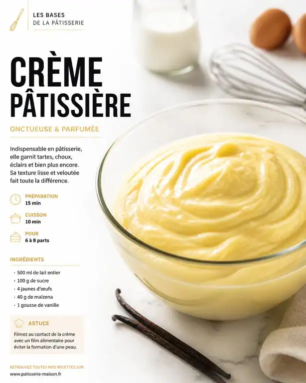 Crème pâtissière onctueuse réalisée avec de la fécule de pomme de terre en remplacement de la Maïzena