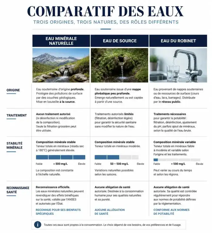 Infographie comparative des types d'eau : eau minérale, eau de source et eau du robinet