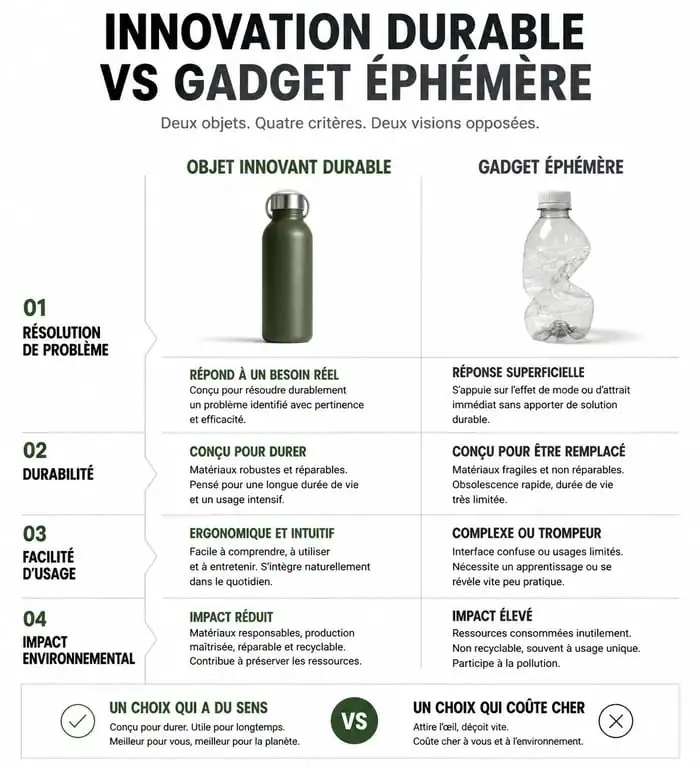 Infographie comparative : objet innovant durable vs gadget éphémère
