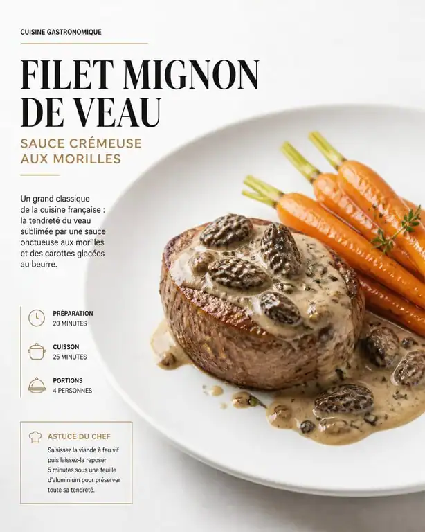 Filet mignon de veau aux morilles et légumes glacés, recette gastronomique
