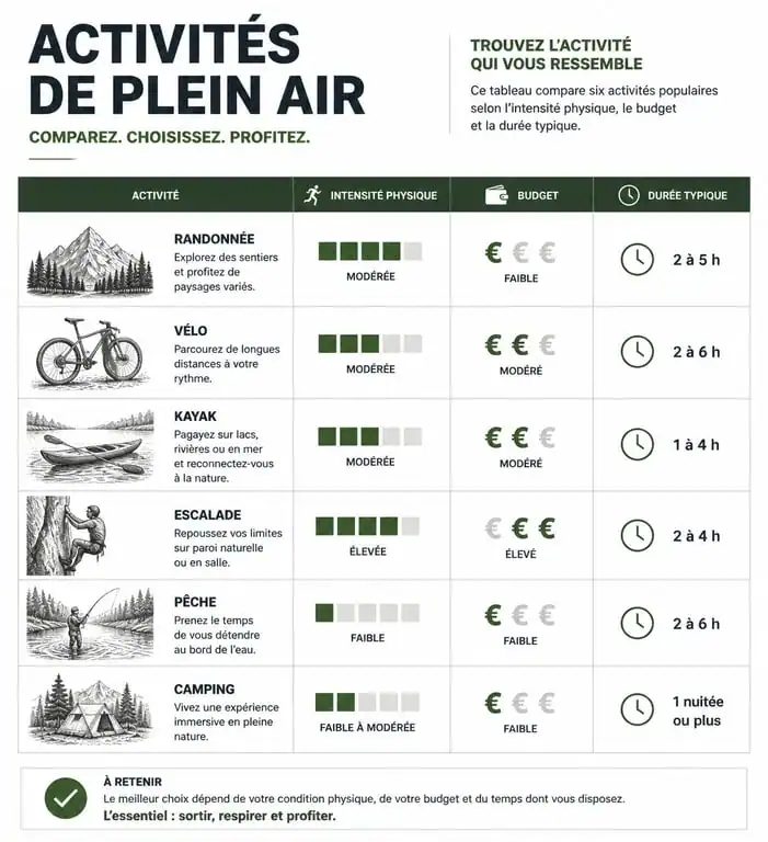 Tableau comparatif des meilleures activités à faire entre copines dehors pour organiser votre sortie
