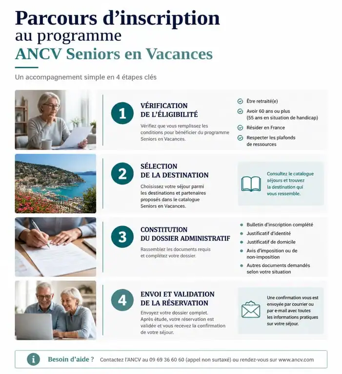 Infographie des étapes d'inscription au programme ANCV Seniors en Vacances 2025
