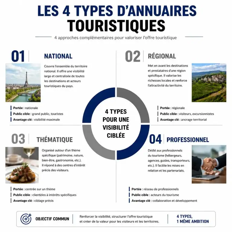 Infographie comparative des différents types d'annuaire tourisme pour voyageurs et professionnels