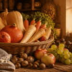 fruit et legume automne sur table rustique