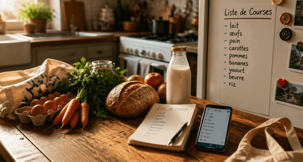 Liste courses alimentaires sur table cuisine