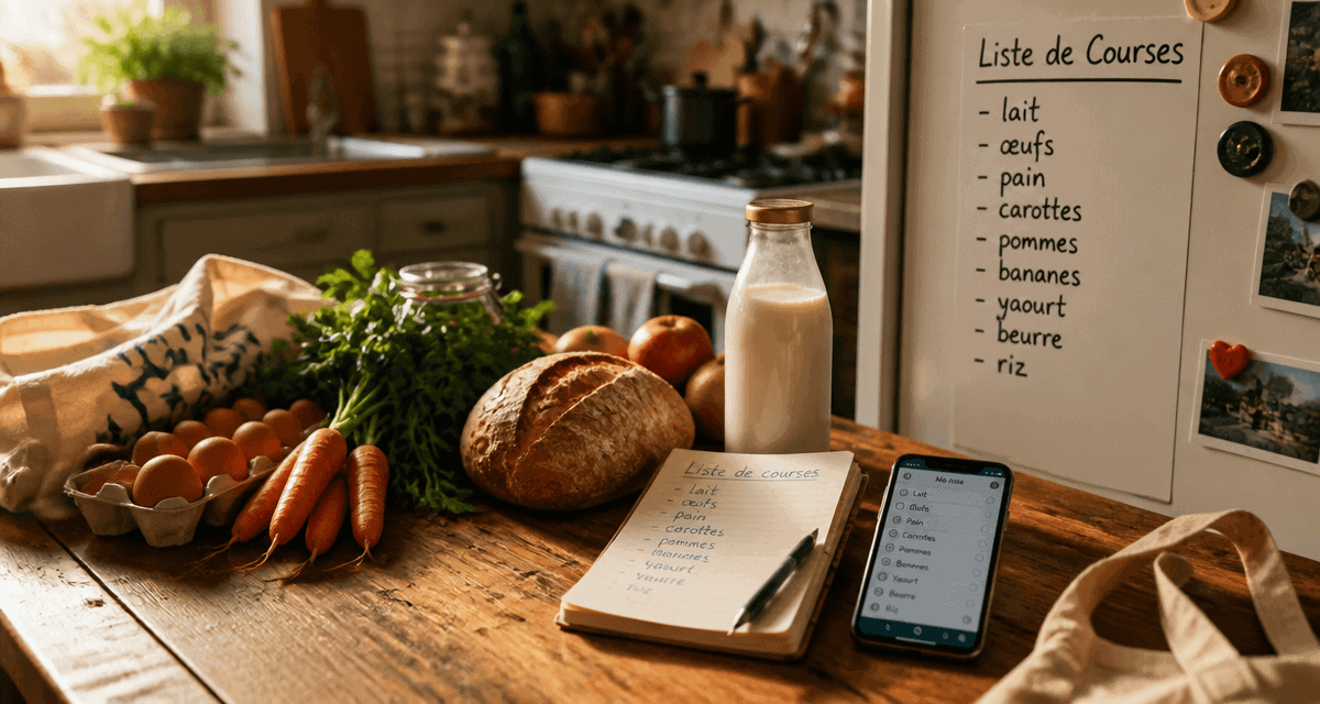 Liste courses alimentaires sur table cuisine