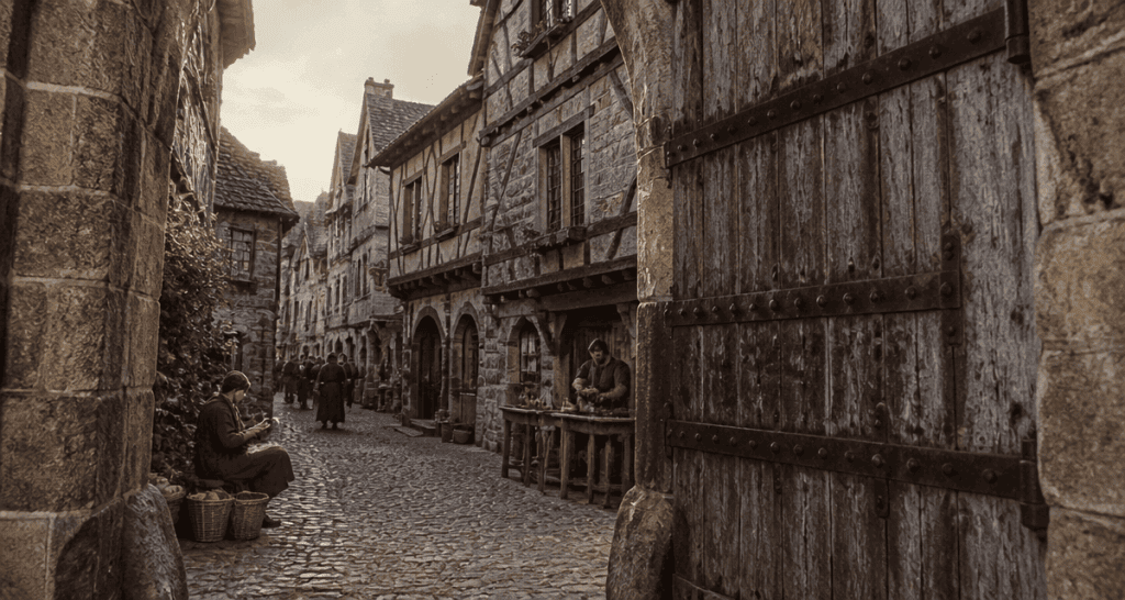medieval village stone gate and timbered houses