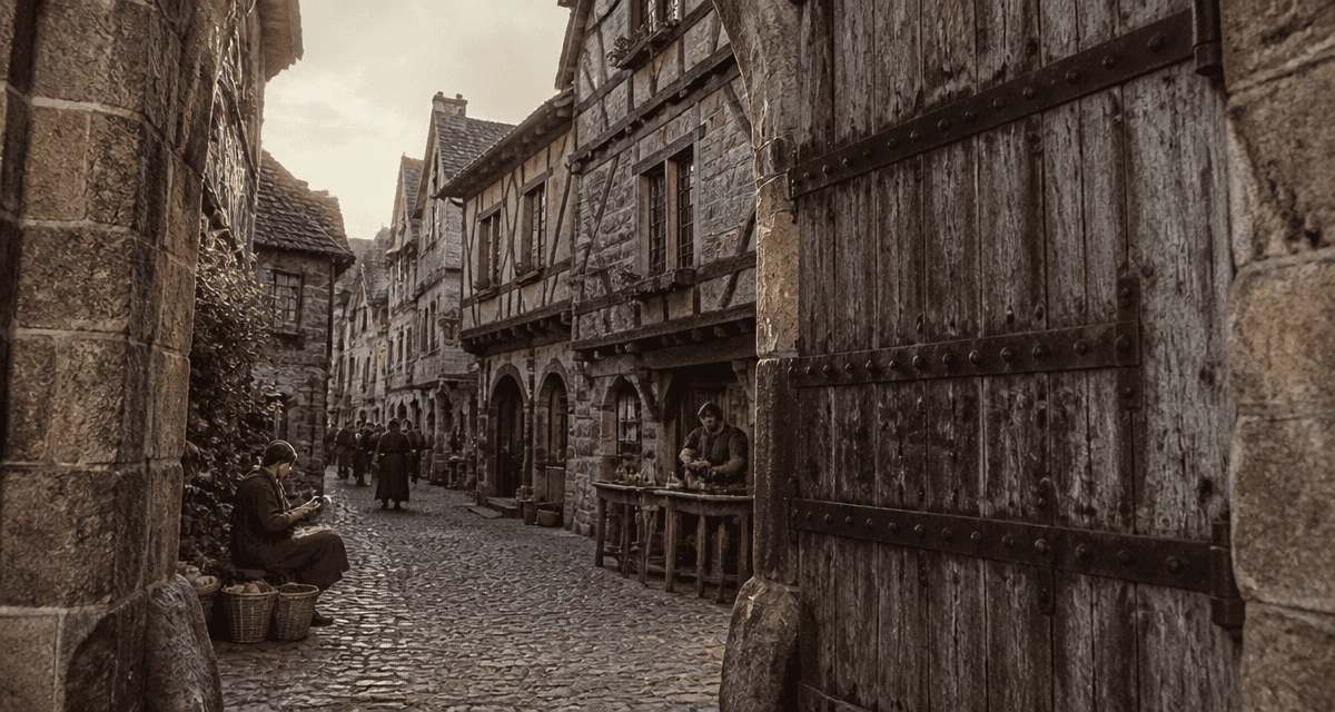 medieval village stone gate and timbered houses