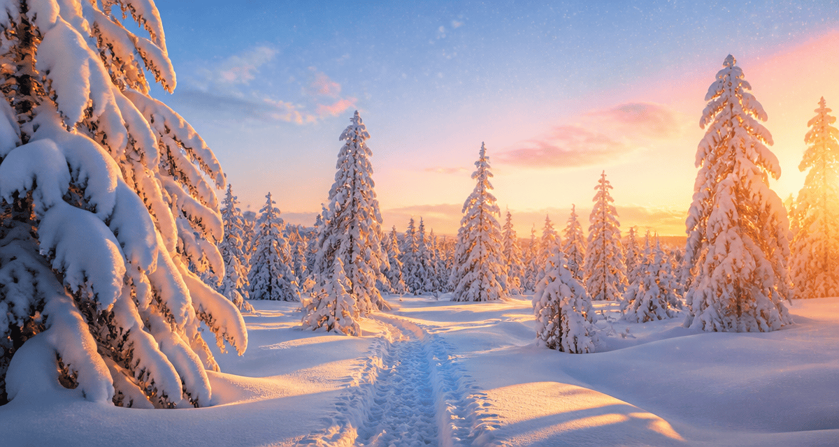 Paysages enneigés sapins Laponie sentier raquettes