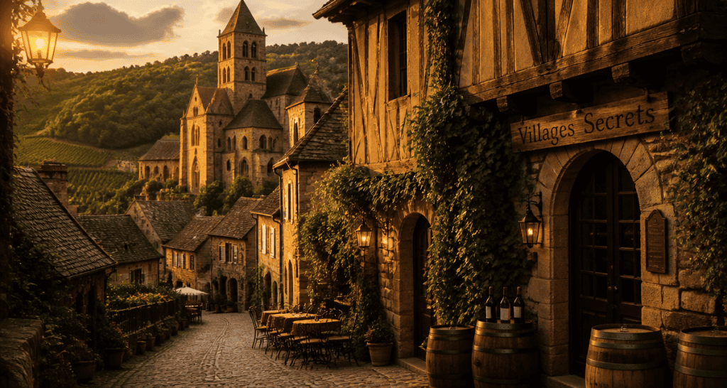 Plus beaux villages autour de Carcassonne, ruelle pavée et abbaye au coucher du soleil