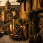 Plus beaux villages autour de Carcassonne, ruelle pavée et abbaye au coucher du soleil