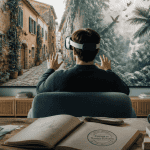 Réalité virtuelle voyage dans un salon moderne