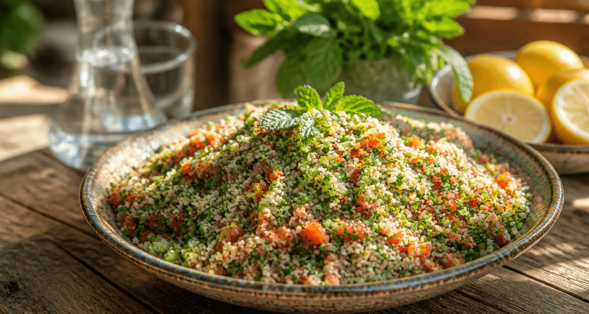 recette taboulé méditerranéen sur table rustique