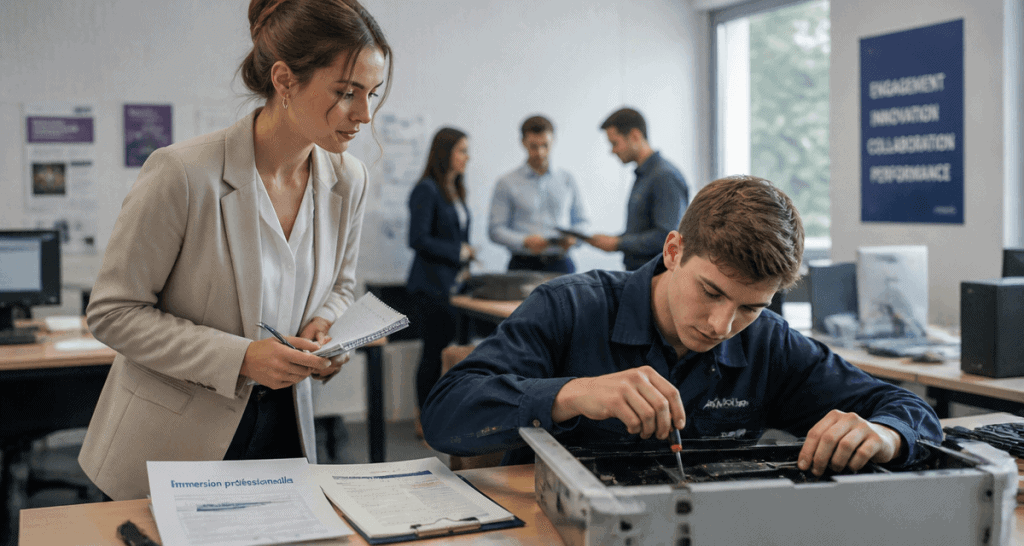 Stage immersion jeune femme observe technicien