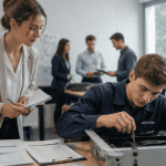 Stage immersion jeune femme observe technicien