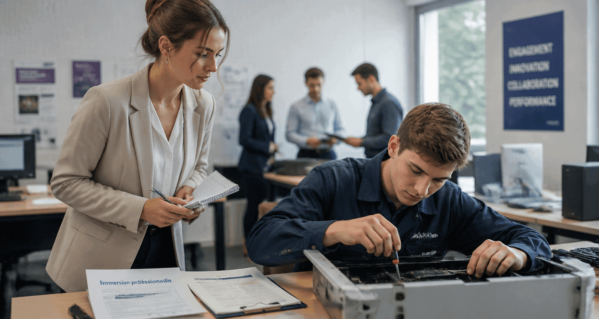 Stage immersion jeune femme observe technicien