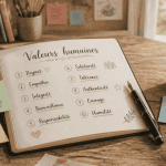 Carnet avec valeurs humaines manuscrites sur table de bureau