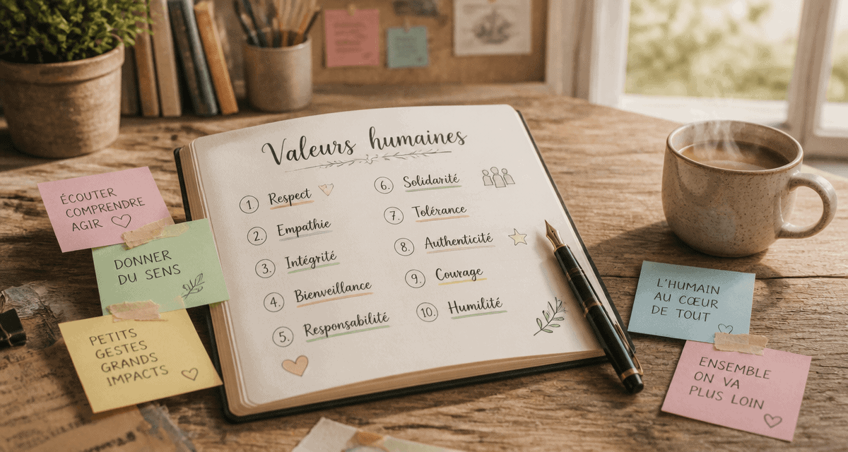 Carnet avec valeurs humaines manuscrites sur table de bureau
