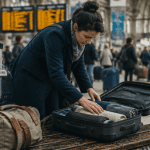 voyageuse organise valise moyenne en gare