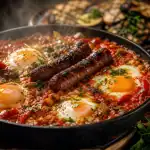 Accompagner merguez : merguez grillées sur chakchouka, poêle fumante