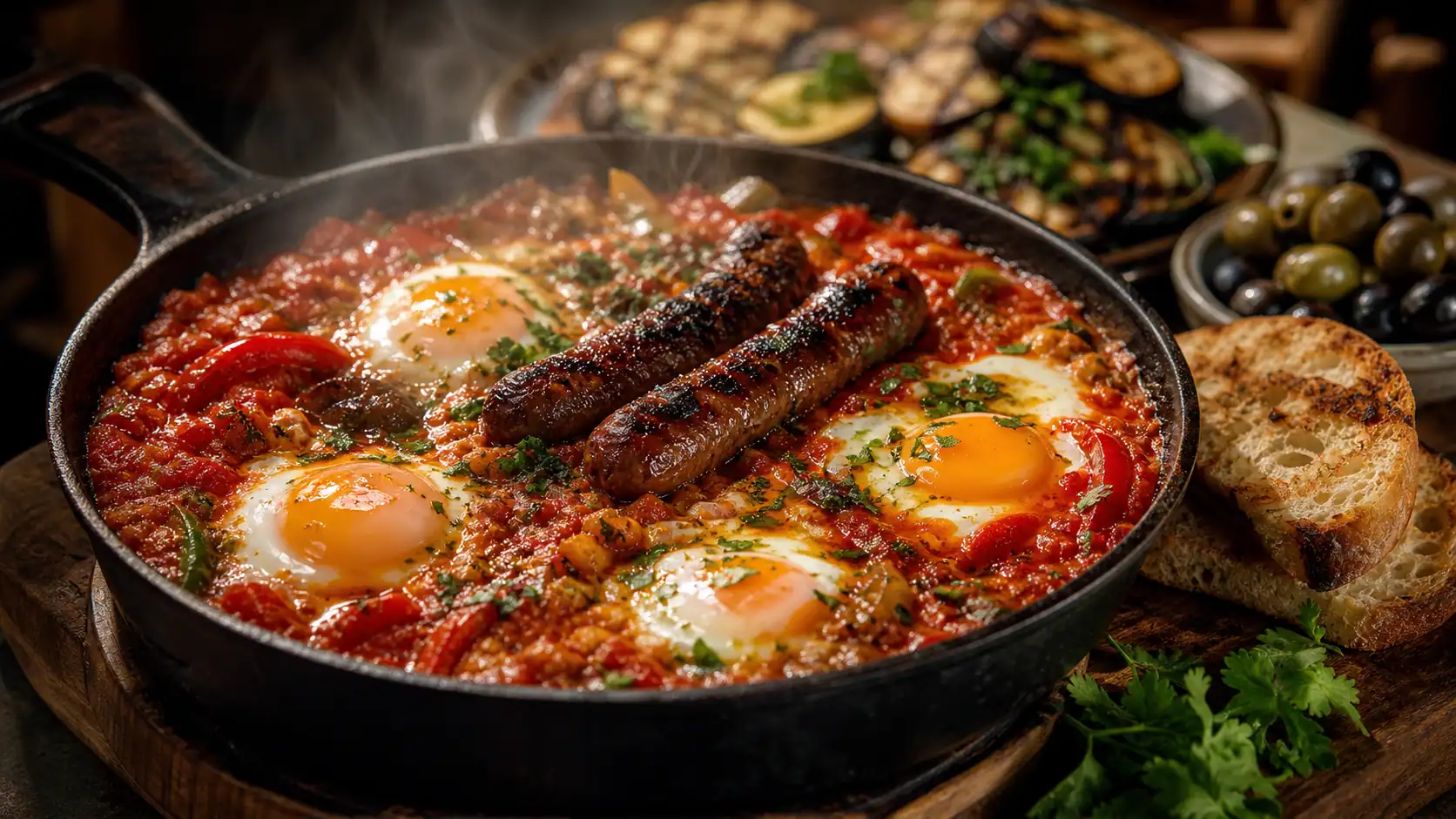 Accompagner merguez : merguez grillées sur chakchouka, poêle fumante
