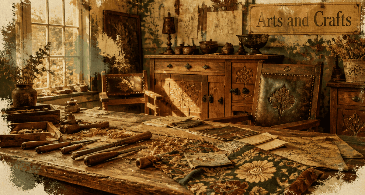 Atelier d’artisanat, outils et motifs floraux