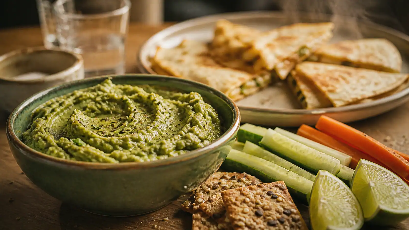 Guacamole à manger : concombres, carottes, crackers et quesadillas