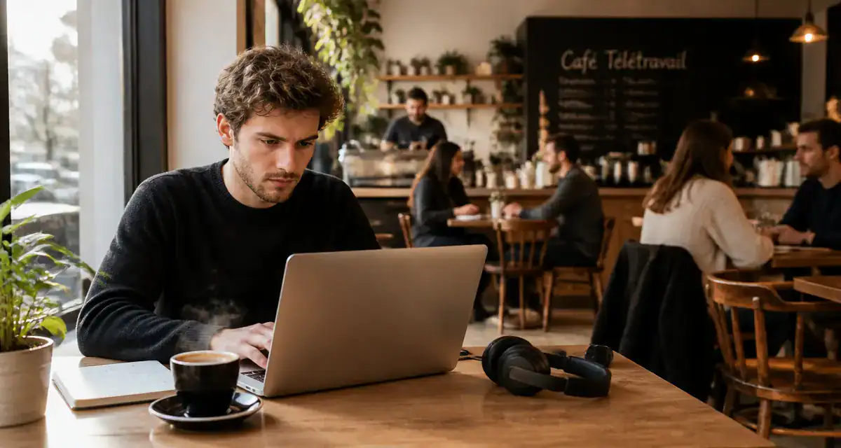 cafe teletravail jeune professionnel ordinateur