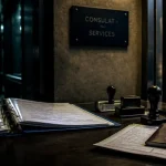 Consulat ambassade différence : comptoir de consulat avec formulaires et passeport