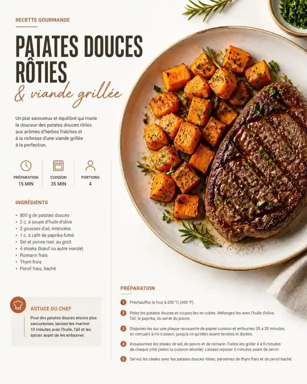 Accompagnement patate douce rôtie avec viande grillée dans une assiette