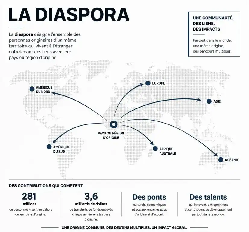 Schéma illustrant le concept de diaspora et la dispersion des populations à travers le monde