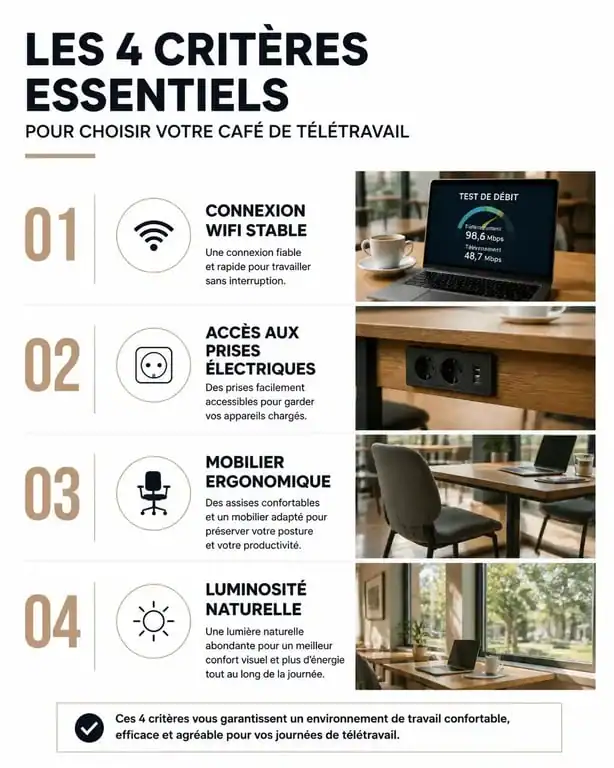 Infographie des critères essentiels pour choisir un café pour le télétravail