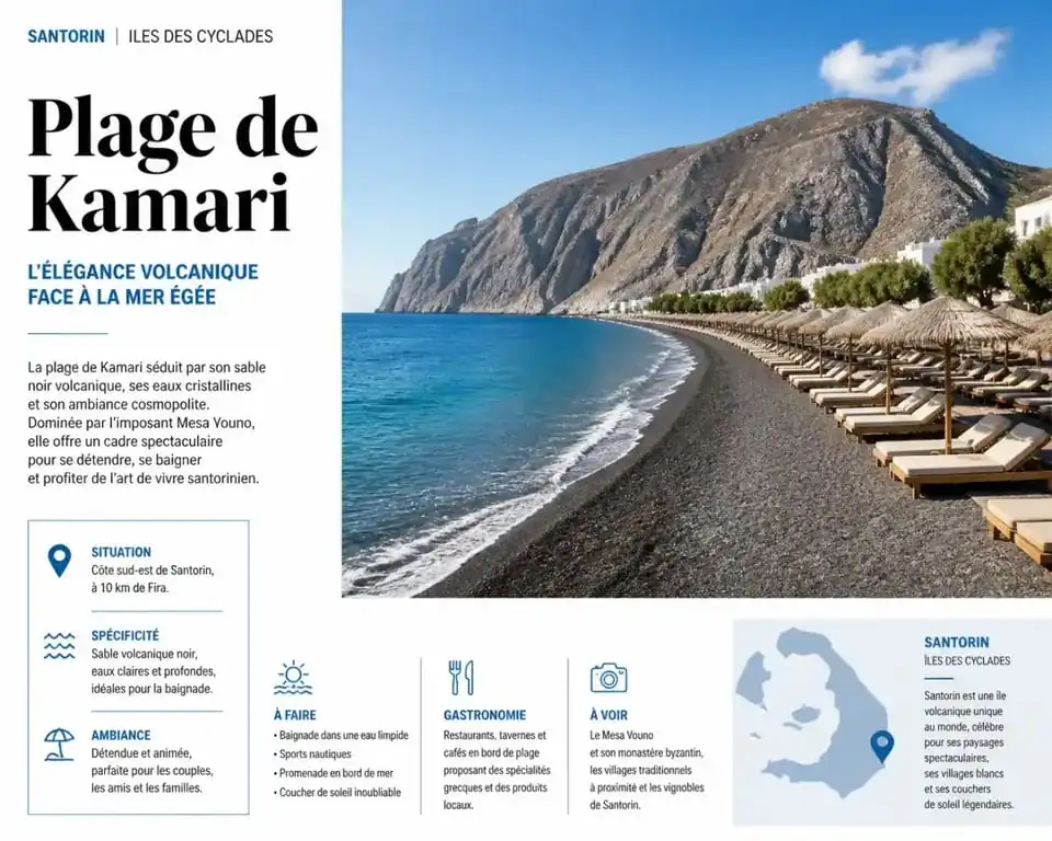 Plage de sable noir de Kamari à Santorin avec ses parasols et la mer Égée