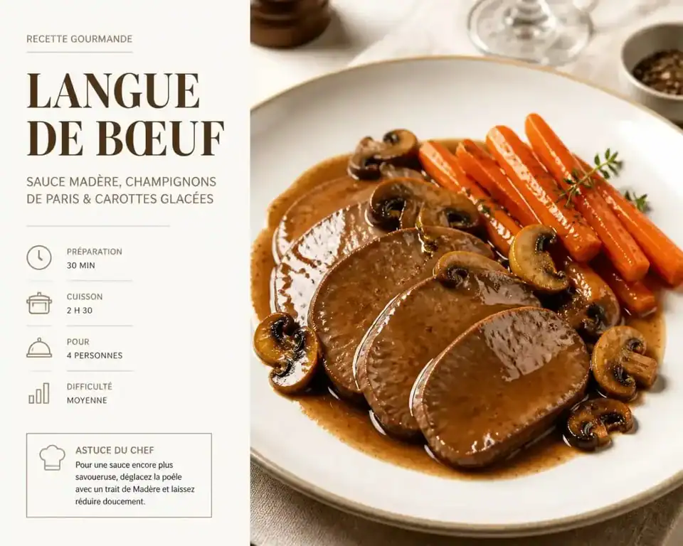 Langue de bœuf sauce Madère et ses accompagnements, une recette traditionnelle française.
