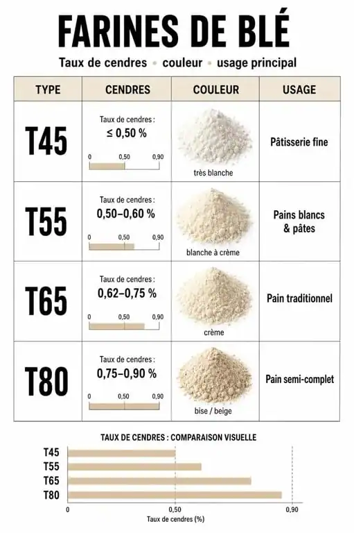Infographie comparative des types de farine T45, T55, T65 et T80 pour comprendre leur utilisation en cuisine