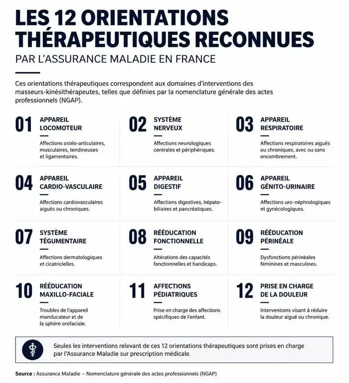 Infographie des 12 orientations thérapeutiques du thermalisme en France