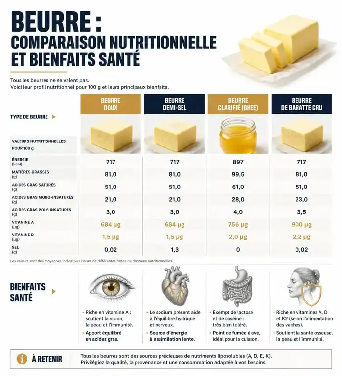 Infographie comparative sur les bienfaits et la composition nutritionnelle des différents beurres pour la santé