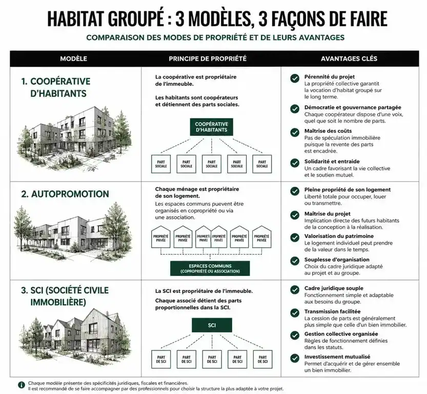 Infographie comparative des modèles juridiques pour l'habitat groupé : coopérative, autopromotion et SCI