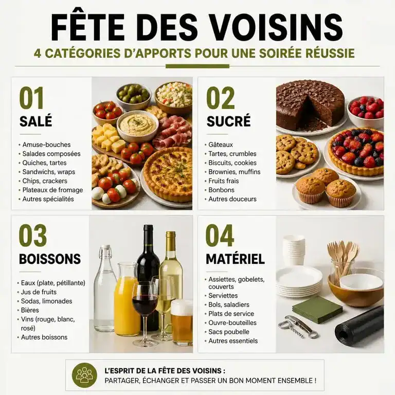 Infographie des idées d'apports pour la fête des voisins : salé, sucré, boissons et matériel